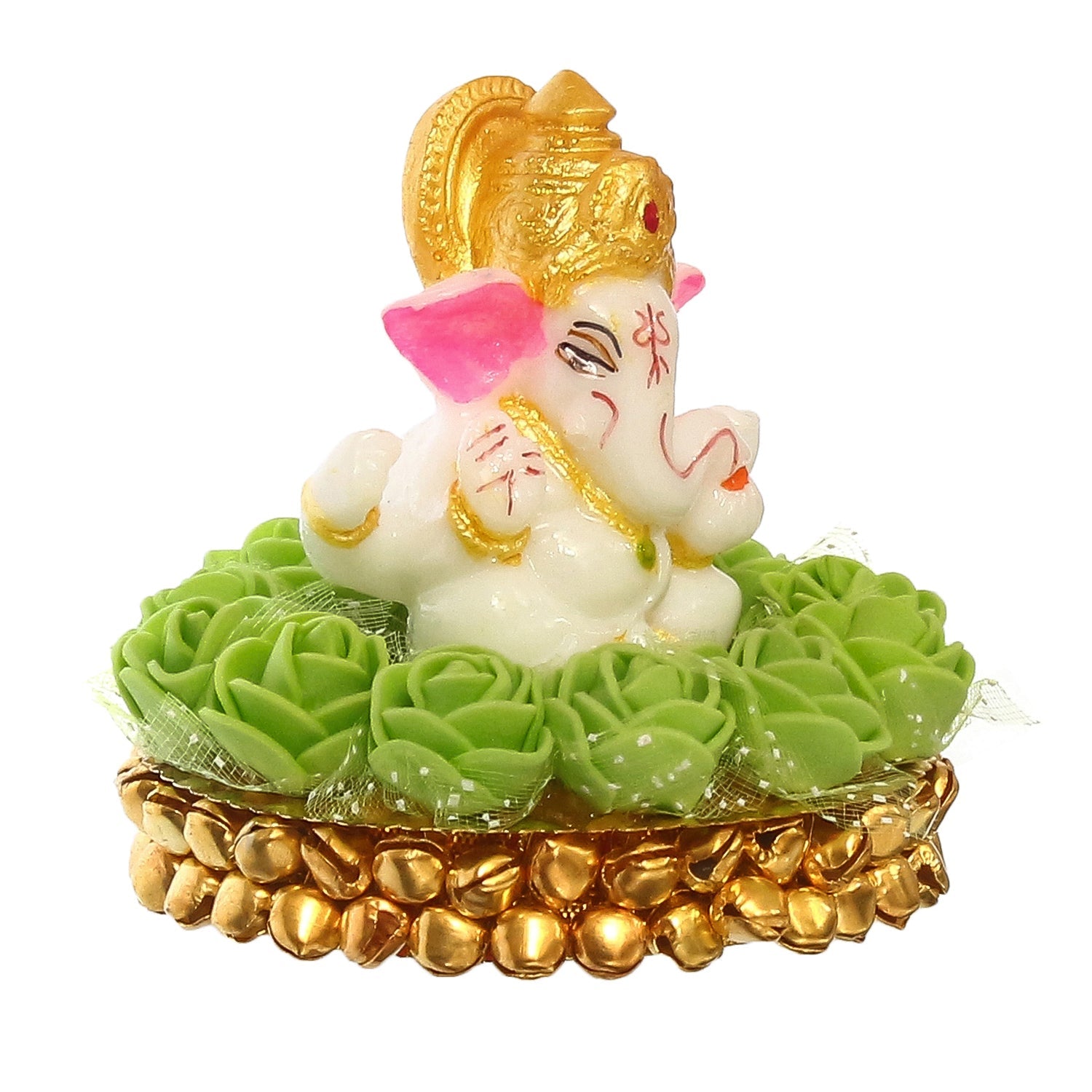 Lord Ganesha Idol on Decorative Handcrafted Plate with Green Flowers Kafalo