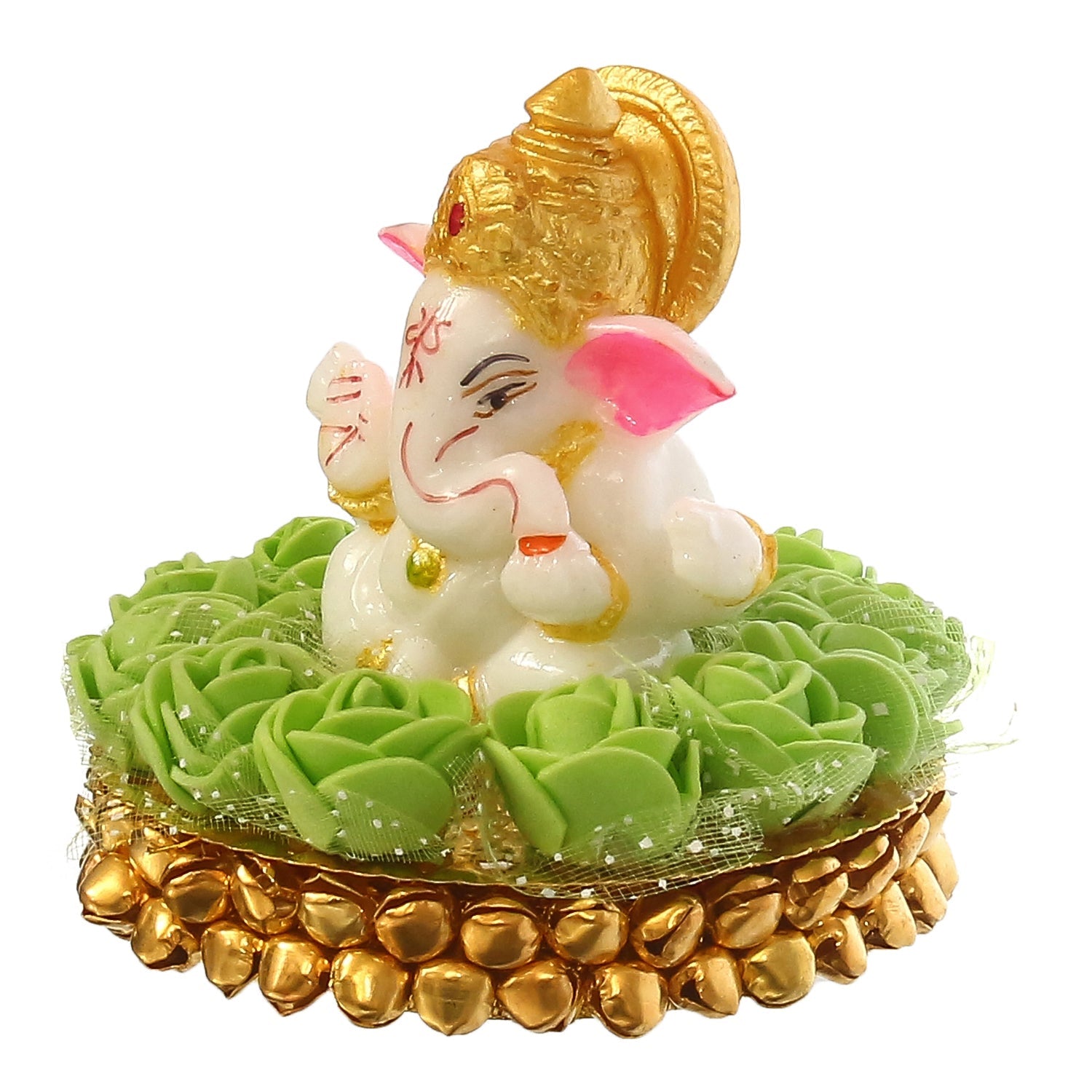 Lord Ganesha Idol on Decorative Handcrafted Plate with Green Flowers Kafalo