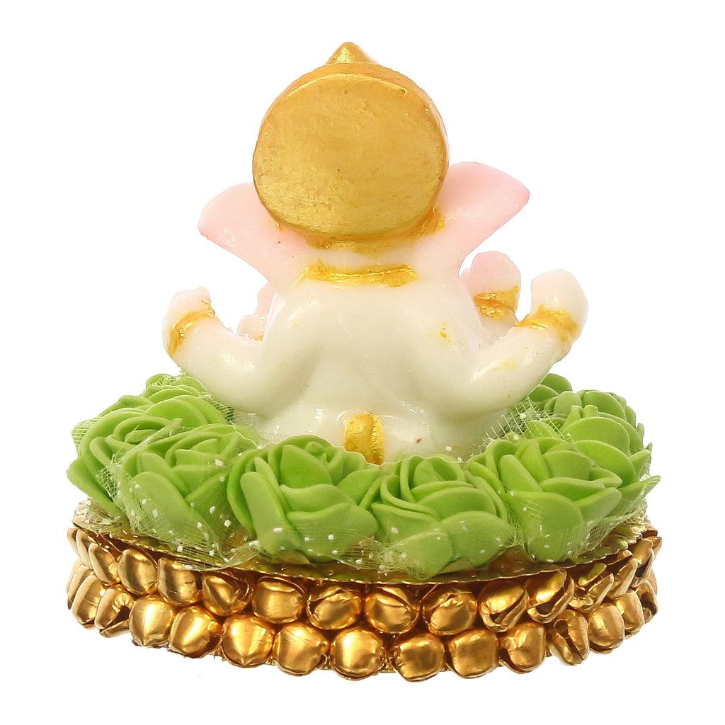 Lord Ganesha Idol on Decorative Handcrafted Plate with Green Flowers Kafalo