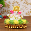 Lord Ganesha Idol On Decorative Handcrafted Green And Yellow Flowers Plate Kafalo