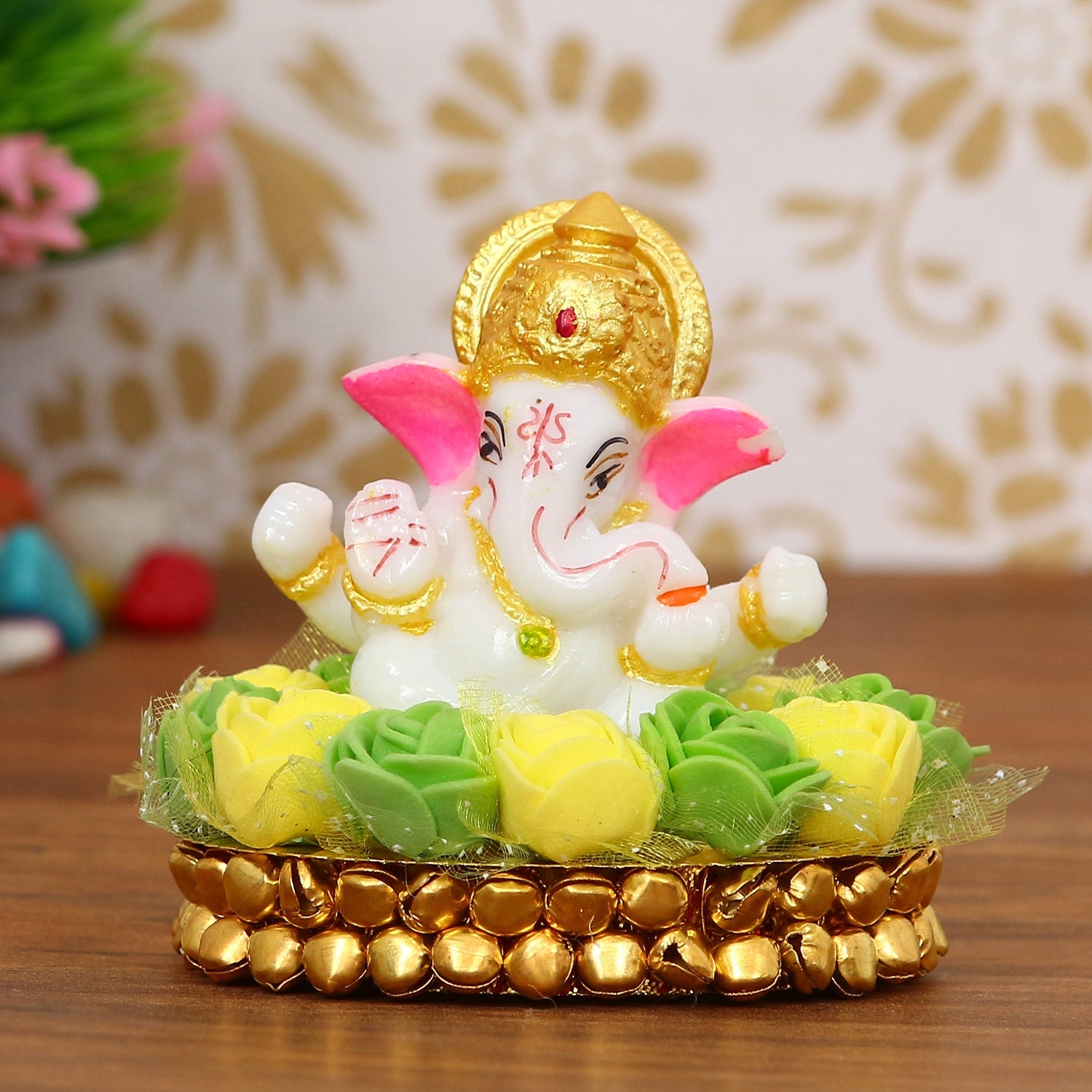 Lord Ganesha Idol On Decorative Handcrafted Green And Yellow Flowers Plate Kafalo