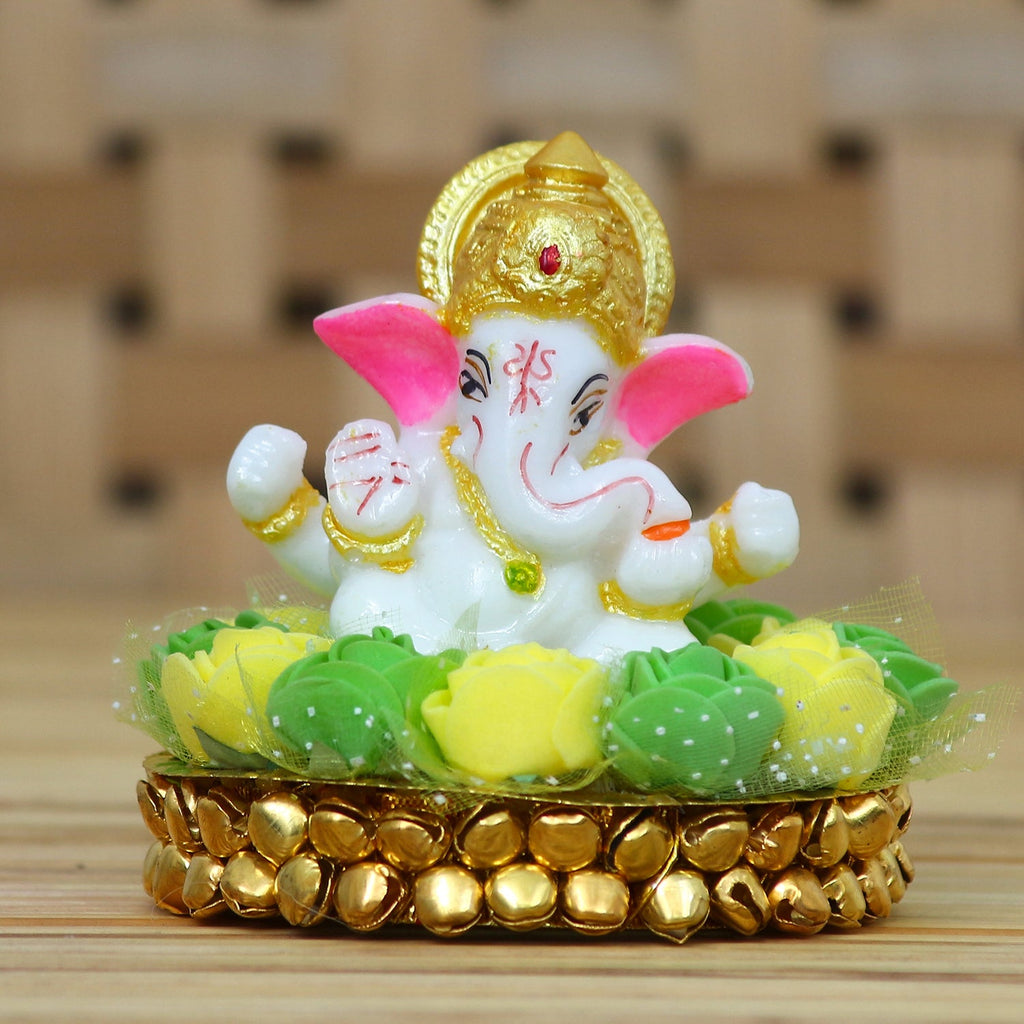 Lord Ganesha Idol On Decorative Handcrafted Green And Yellow Flowers Plate Kafalo