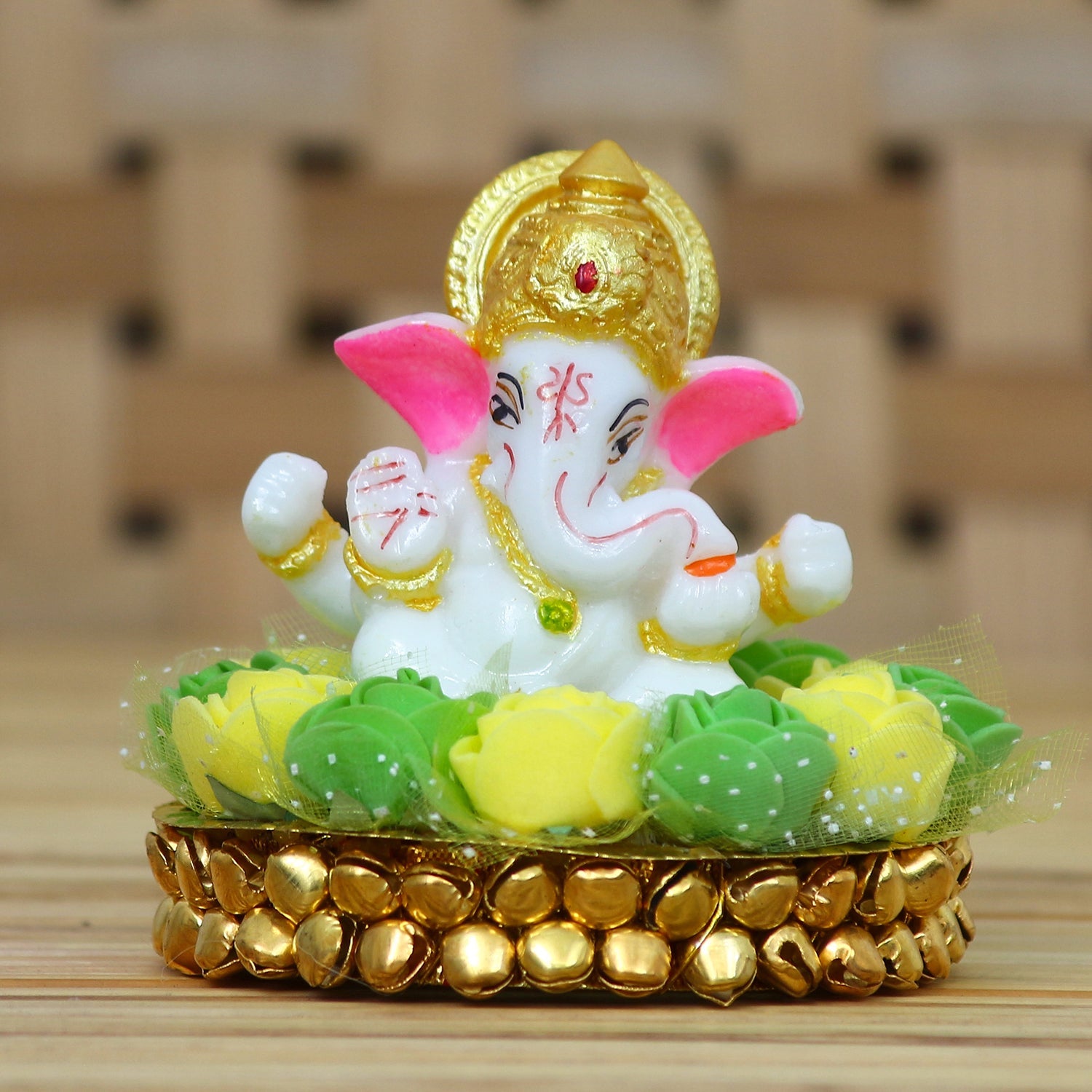 Lord Ganesha Idol On Decorative Handcrafted Green And Yellow Flowers Plate Kafalo