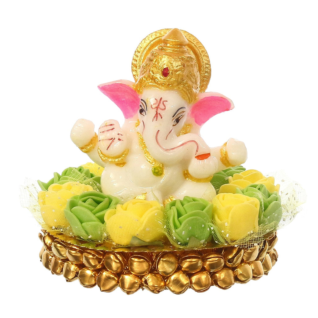 Lord Ganesha Idol On Decorative Handcrafted Green And Yellow Flowers Plate Kafalo