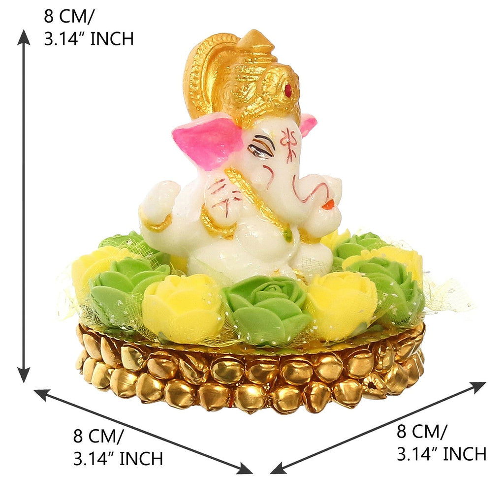 Lord Ganesha Idol On Decorative Handcrafted Green And Yellow Flowers Plate Kafalo