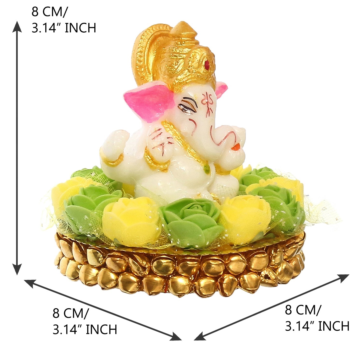 Lord Ganesha Idol On Decorative Handcrafted Green And Yellow Flowers Plate Kafalo