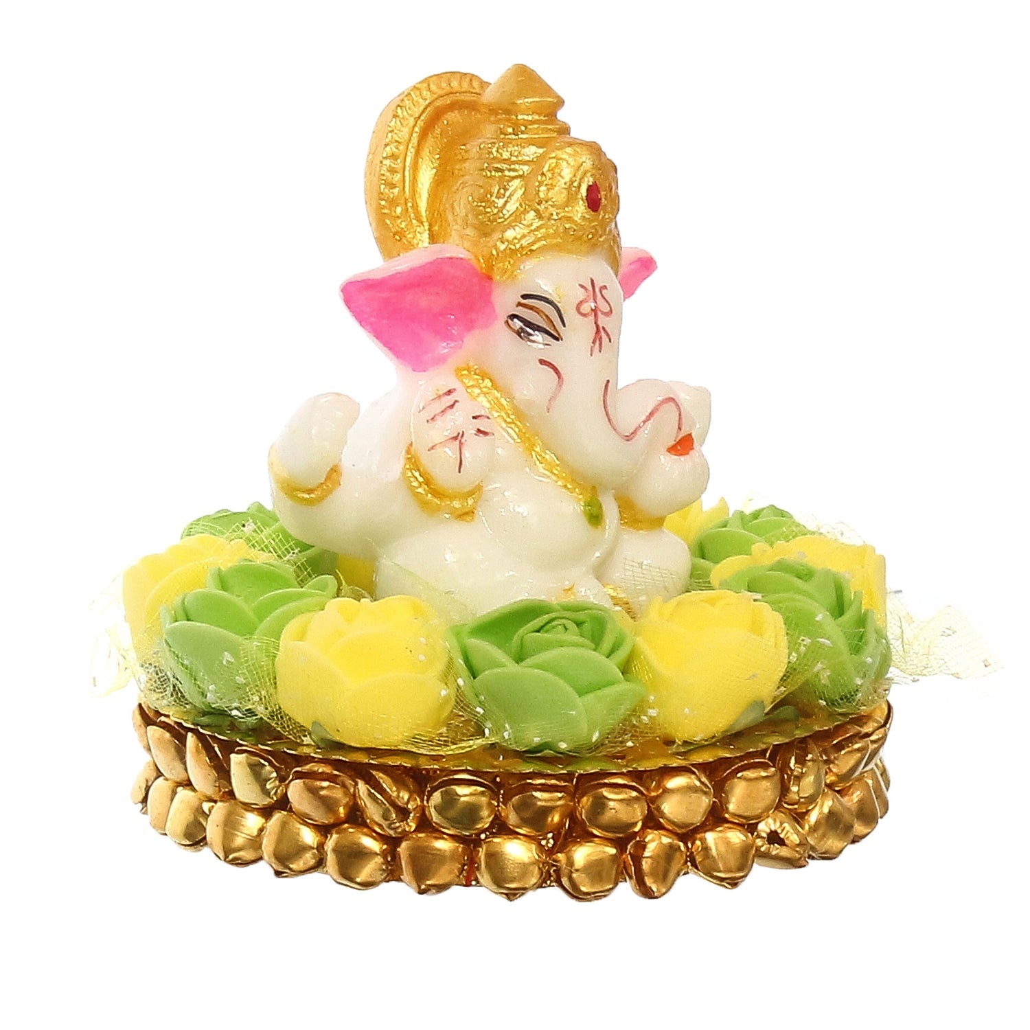 Lord Ganesha Idol On Decorative Handcrafted Green And Yellow Flowers Plate Kafalo