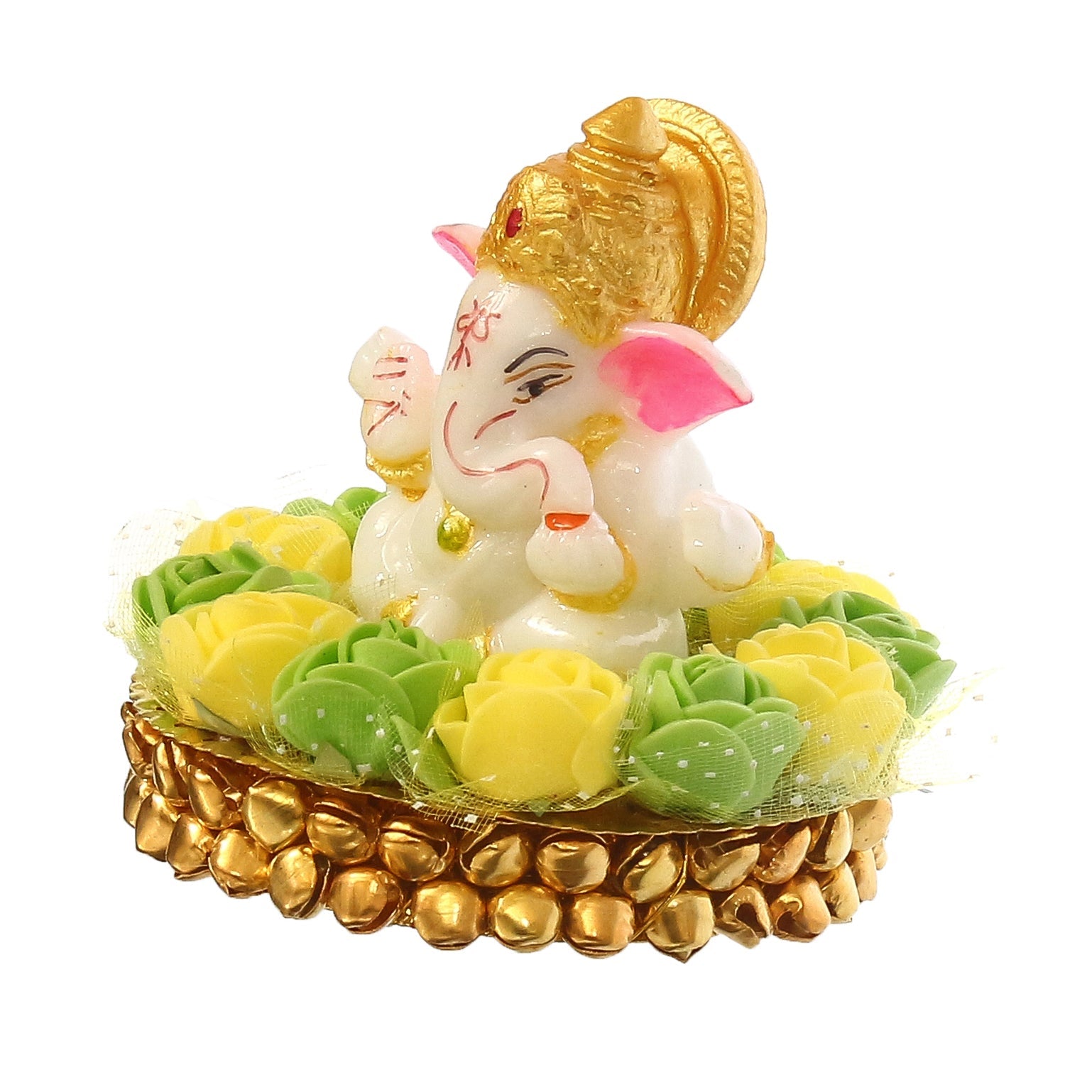Lord Ganesha Idol On Decorative Handcrafted Green And Yellow Flowers Plate Kafalo