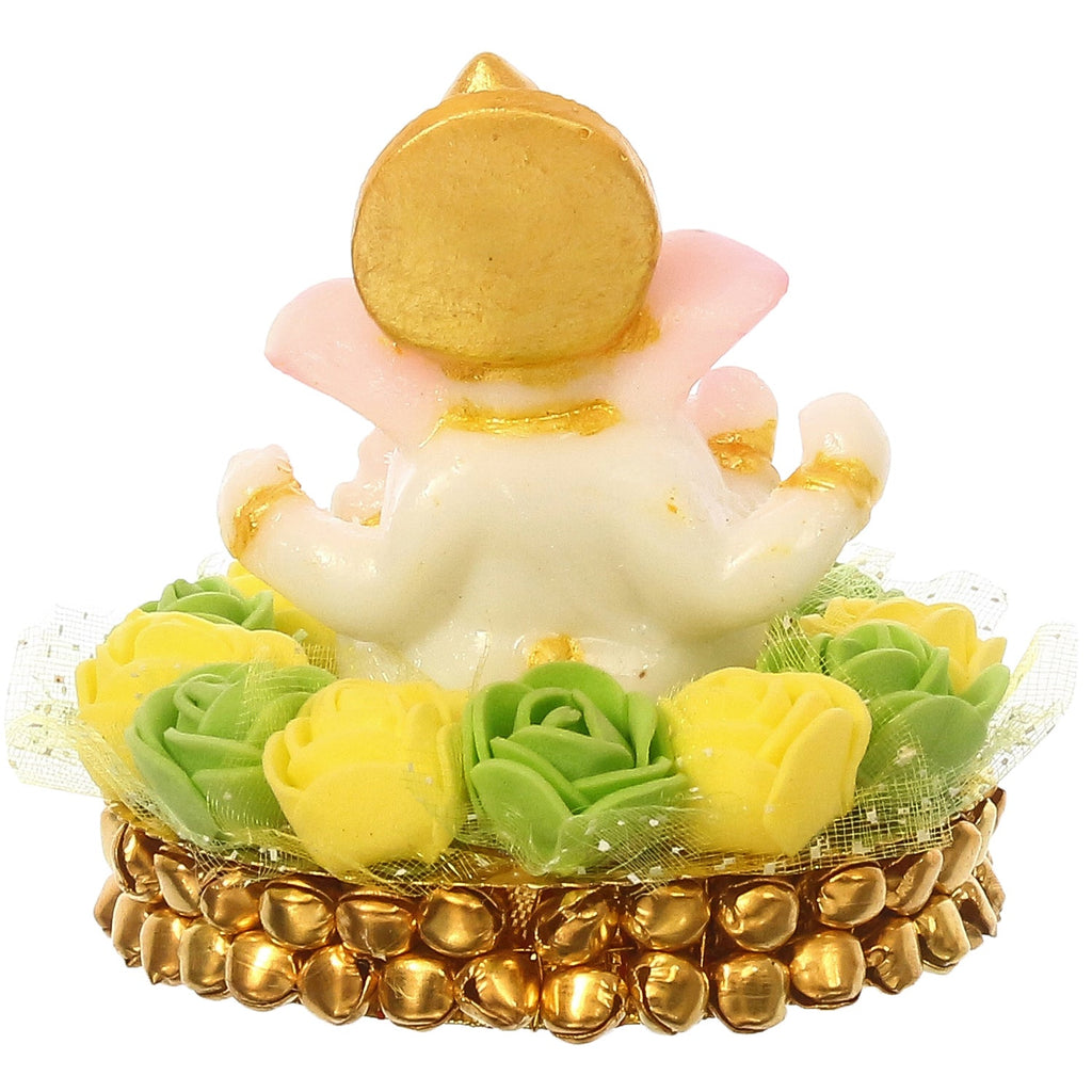 Lord Ganesha Idol On Decorative Handcrafted Green And Yellow Flowers Plate Kafalo