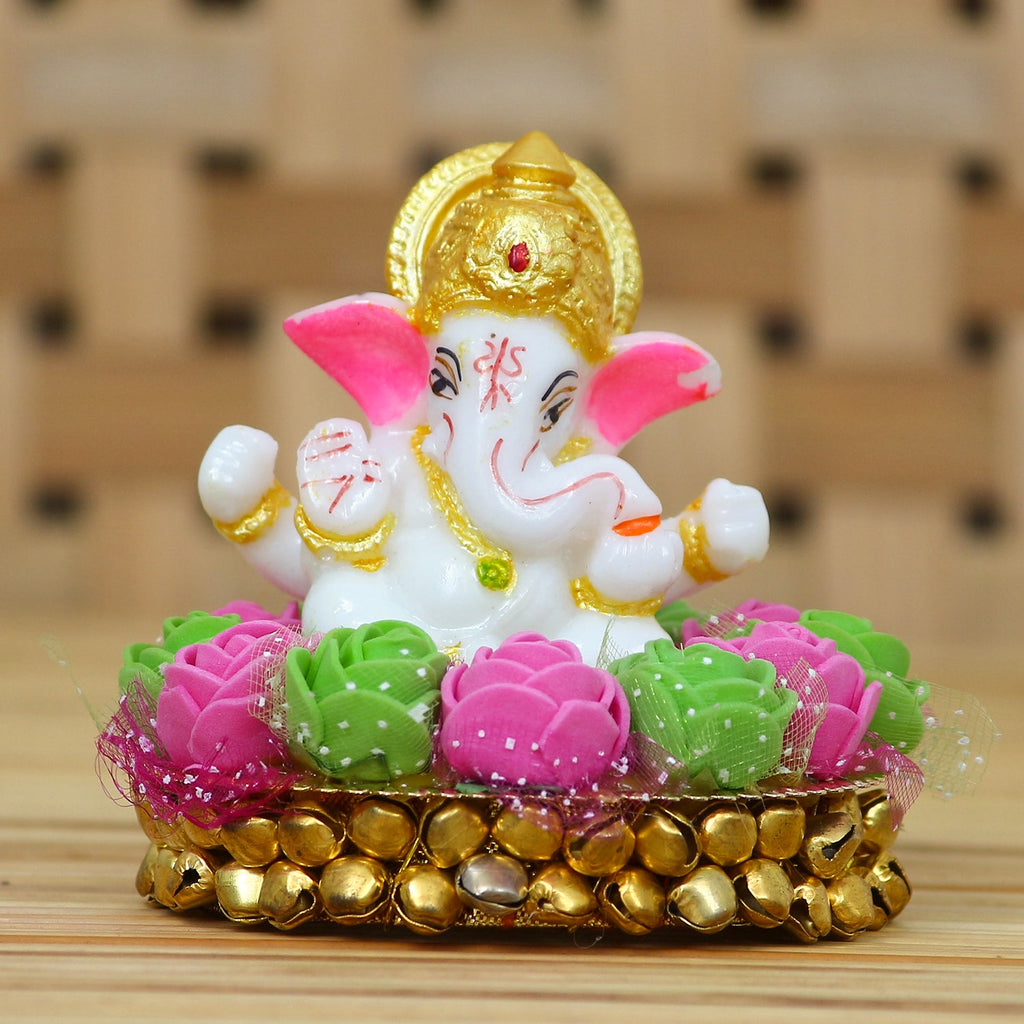 Golden and White Polyresin Lord Ganesha Idol on Decorative Pink and Green Flowers Plate Kafalo