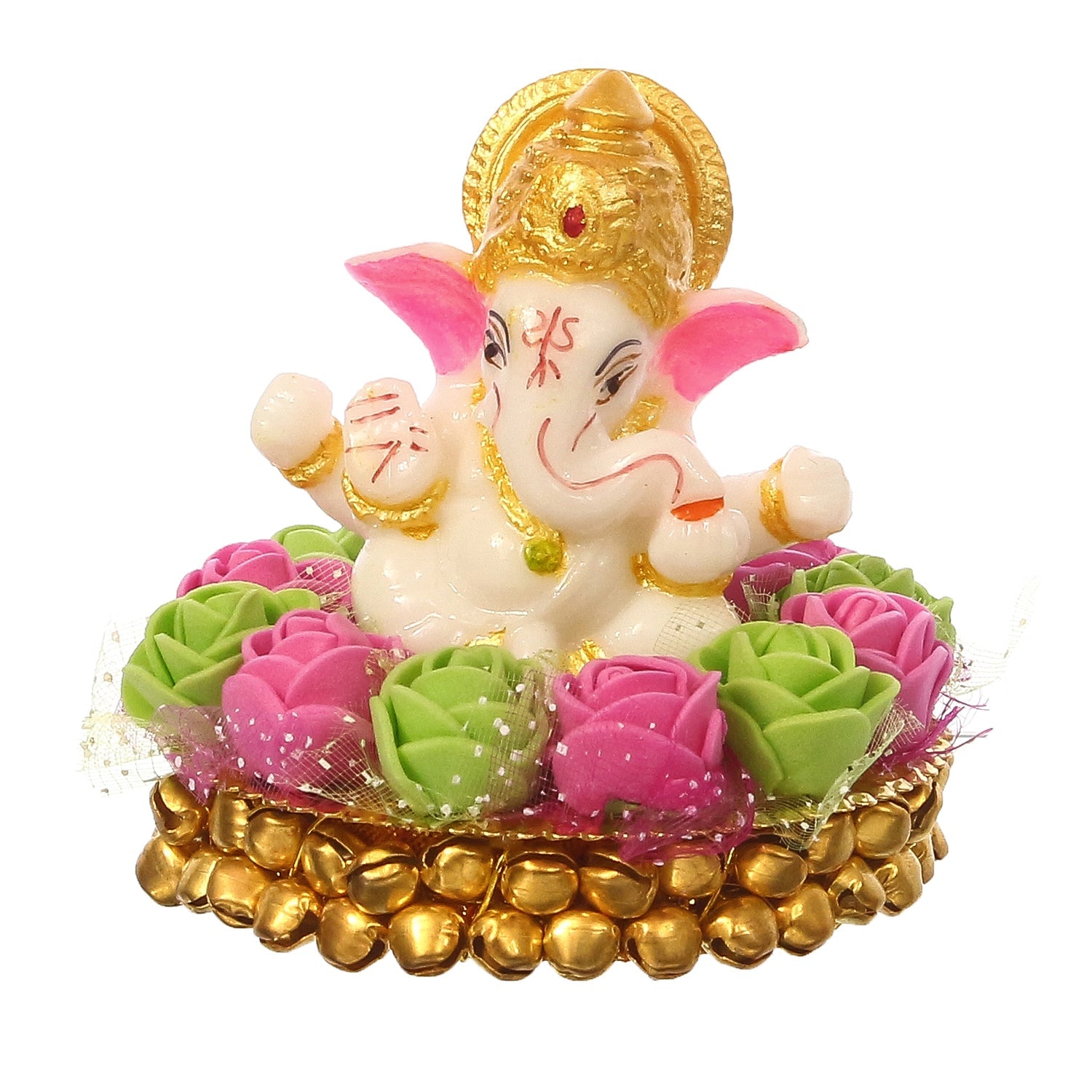 Golden and White Polyresin Lord Ganesha Idol on Decorative Pink and Green Flowers Plate Kafalo