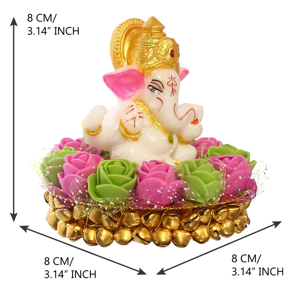 Golden and White Polyresin Lord Ganesha Idol on Decorative Pink and Green Flowers Plate Kafalo