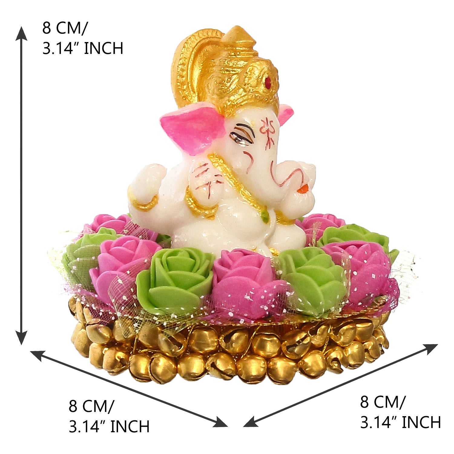 Golden and White Polyresin Lord Ganesha Idol on Decorative Pink and Green Flowers Plate Kafalo