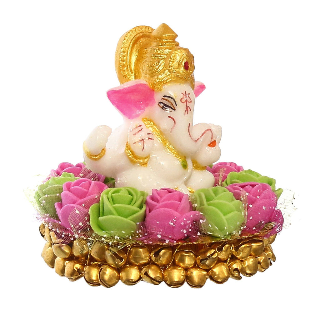 Golden and White Polyresin Lord Ganesha Idol on Decorative Pink and Green Flowers Plate Kafalo