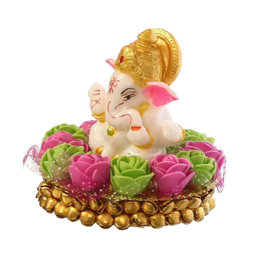 Golden and White Polyresin Lord Ganesha Idol on Decorative Pink and Green Flowers Plate Kafalo