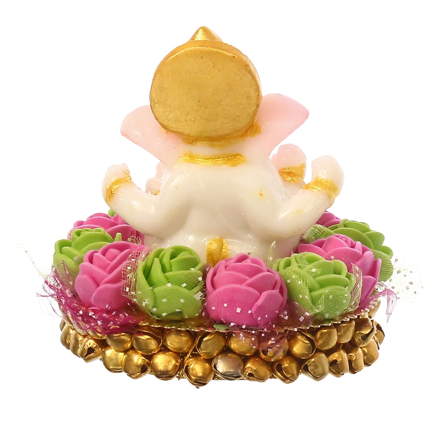 Golden and White Polyresin Lord Ganesha Idol on Decorative Pink and Green Flowers Plate Kafalo