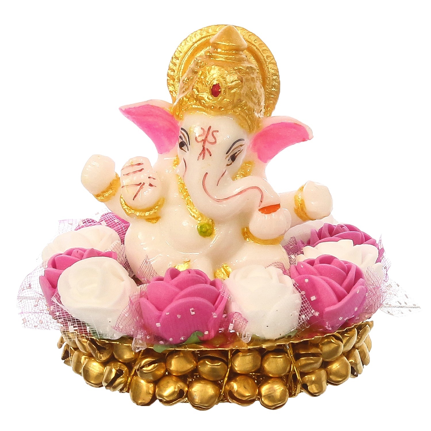 Golden and White Polyresin Lord Ganesha Idol on Decorative Handcrafted Plate with Pink and White Flowers Kafalo