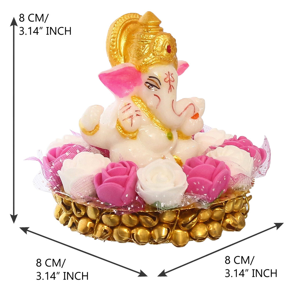 Golden and White Polyresin Lord Ganesha Idol on Decorative Handcrafted Plate with Pink and White Flowers Kafalo