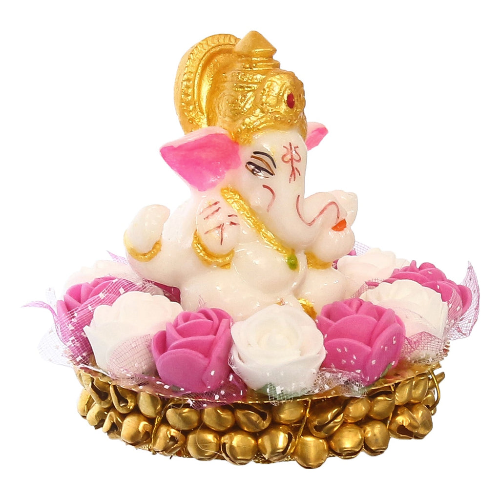 Golden and White Polyresin Lord Ganesha Idol on Decorative Handcrafted Plate with Pink and White Flowers Kafalo