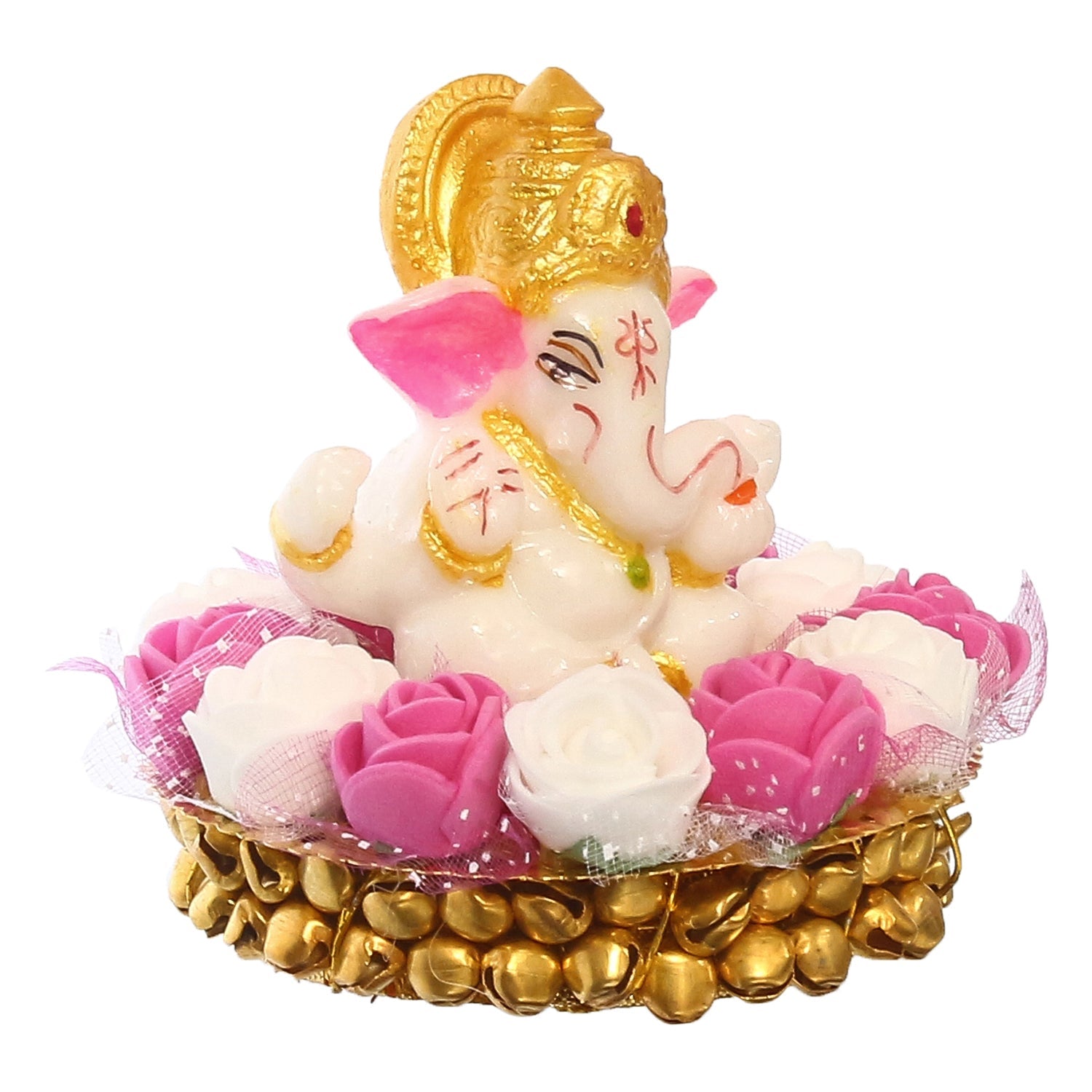 Golden and White Polyresin Lord Ganesha Idol on Decorative Handcrafted Plate with Pink and White Flowers Kafalo
