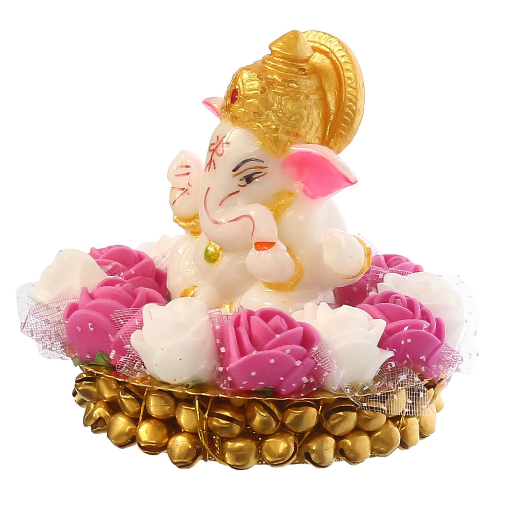 Golden and White Polyresin Lord Ganesha Idol on Decorative Handcrafted Plate with Pink and White Flowers Kafalo