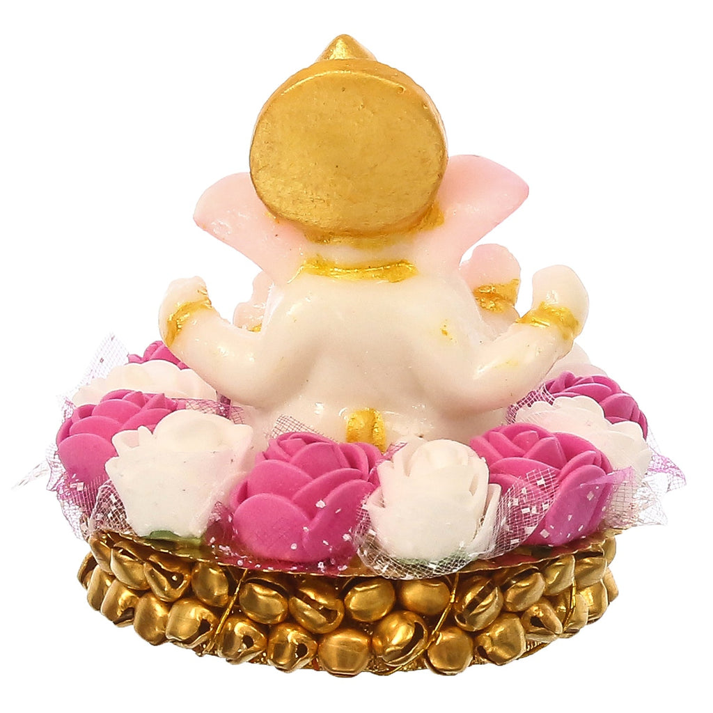 Golden and White Polyresin Lord Ganesha Idol on Decorative Handcrafted Plate with Pink and White Flowers Kafalo