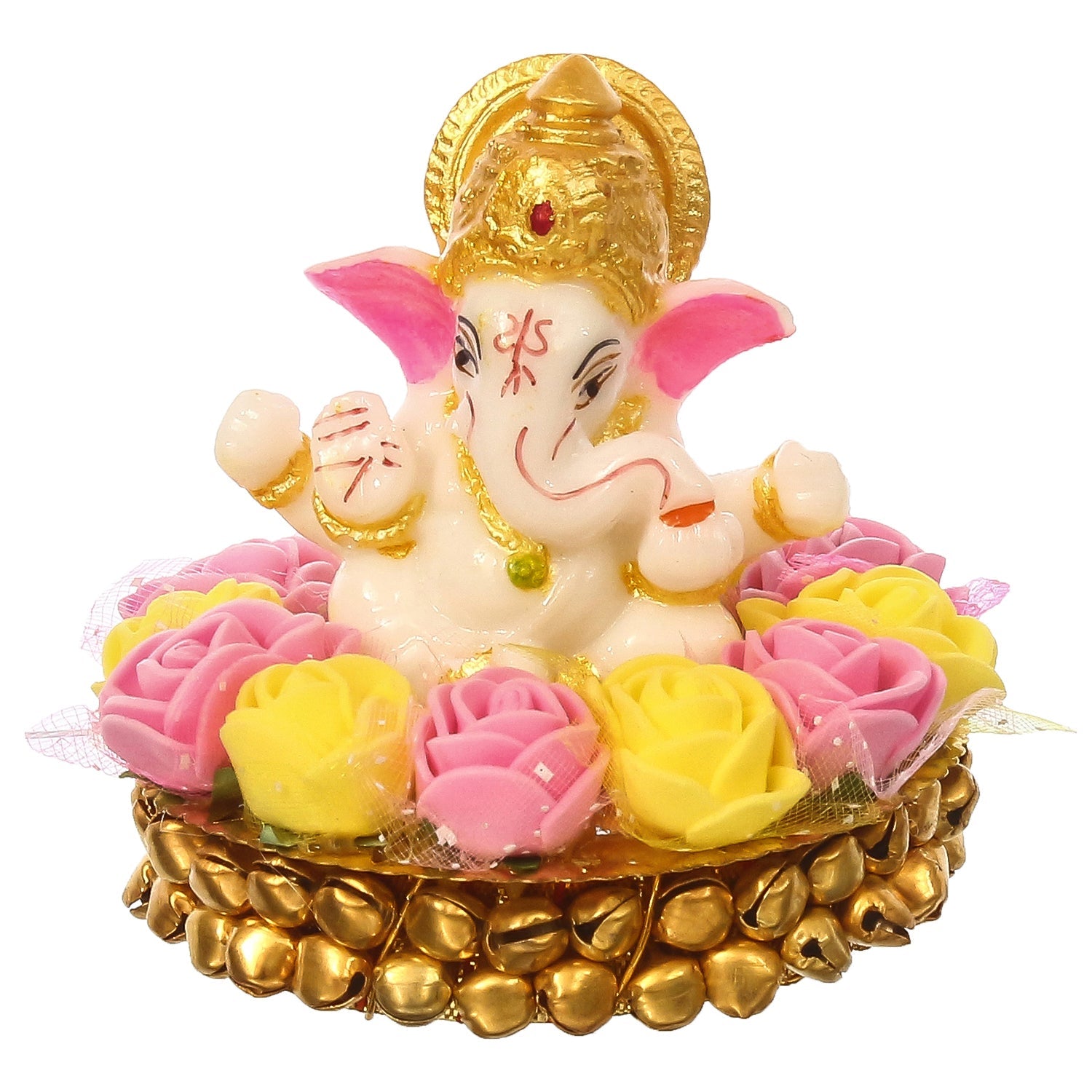 Golden and White Polyresin Lord Ganesha Idol on Decorative Handcrafted Plate with Pink and Yellow Flowers Kafalo