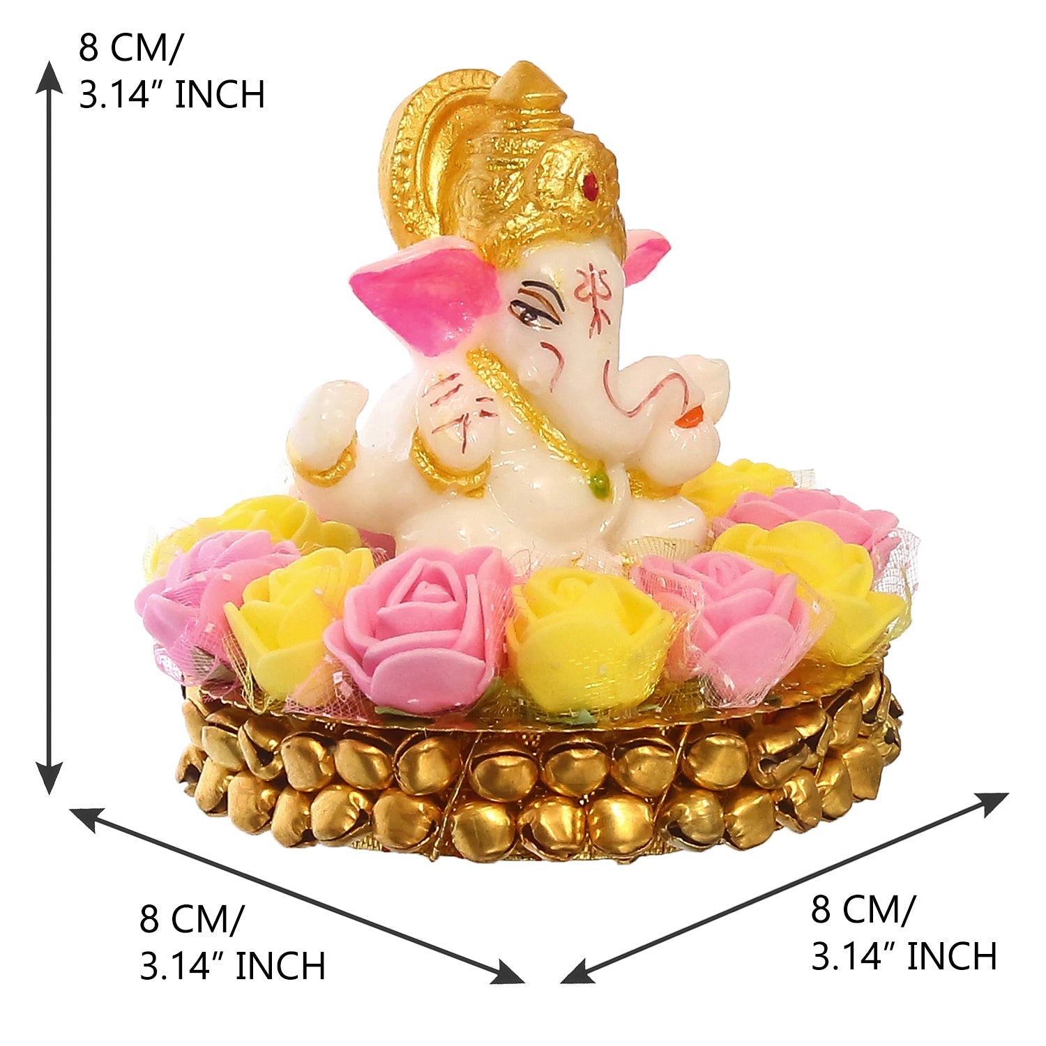 Golden and White Polyresin Lord Ganesha Idol on Decorative Handcrafted Plate with Pink and Yellow Flowers Kafalo