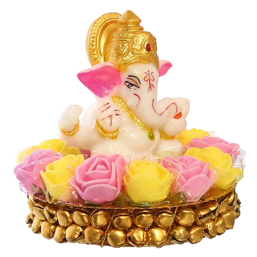 Golden and White Polyresin Lord Ganesha Idol on Decorative Handcrafted Plate with Pink and Yellow Flowers Kafalo