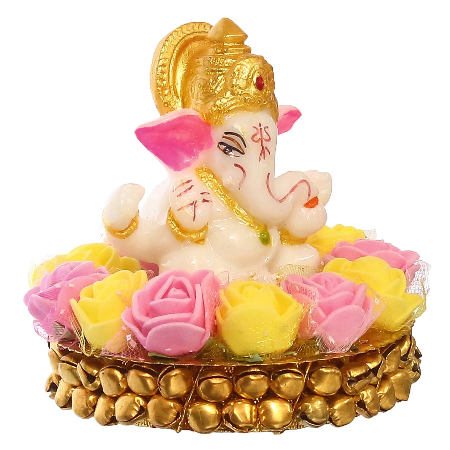 Golden and White Polyresin Lord Ganesha Idol on Decorative Handcrafted Plate with Pink and Yellow Flowers Kafalo