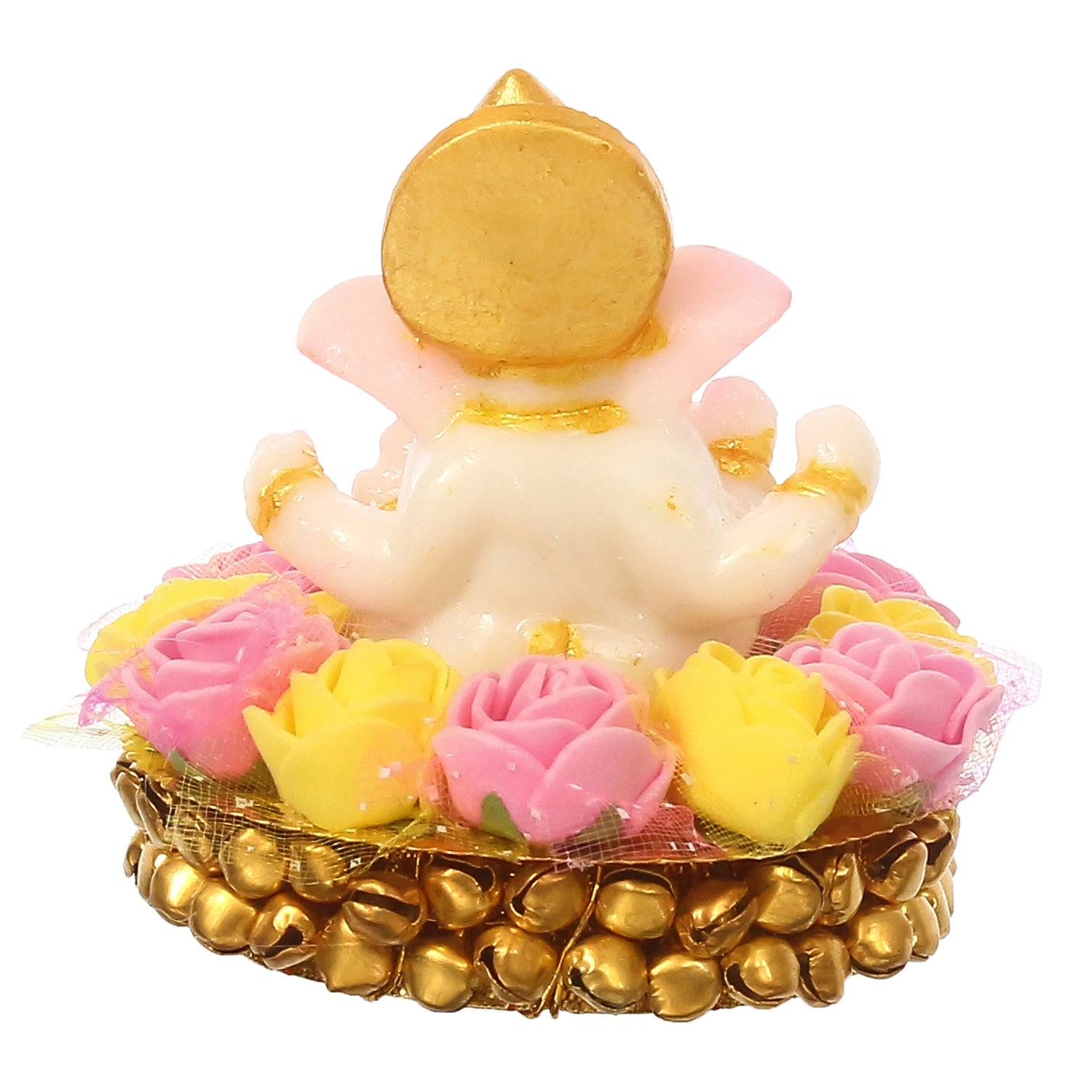 Golden and White Polyresin Lord Ganesha Idol on Decorative Handcrafted Plate with Pink and Yellow Flowers Kafalo