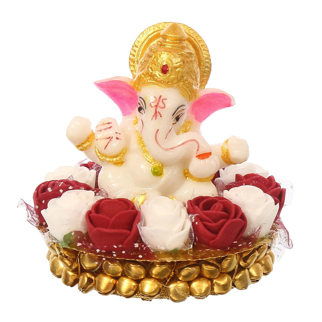 Golden and White Polyresin Lord Ganesha Idol on Decorative Handcrafted Plate with Red and White Flowers Kafalo