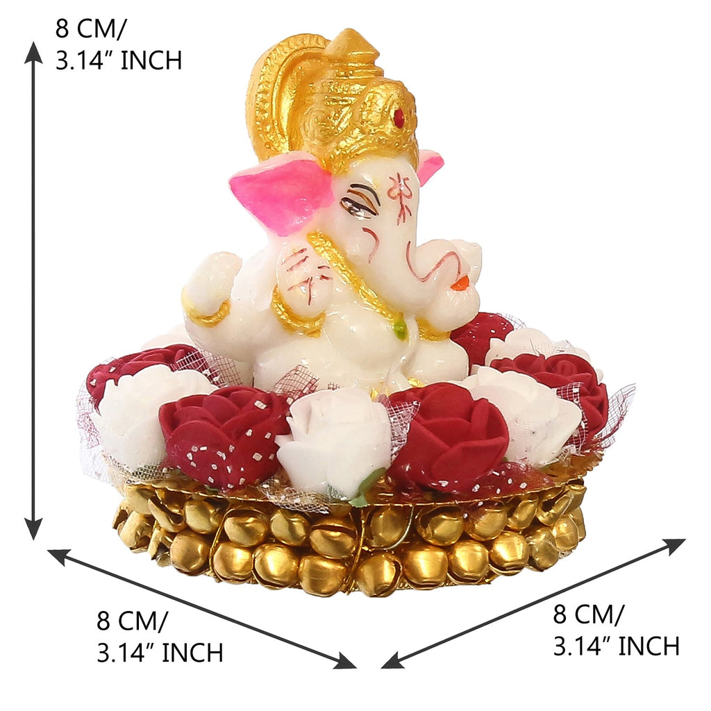 Golden and White Polyresin Lord Ganesha Idol on Decorative Handcrafted Plate with Red and White Flowers Kafalo