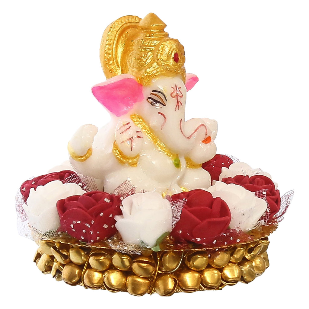 Golden and White Polyresin Lord Ganesha Idol on Decorative Handcrafted Plate with Red and White Flowers Kafalo