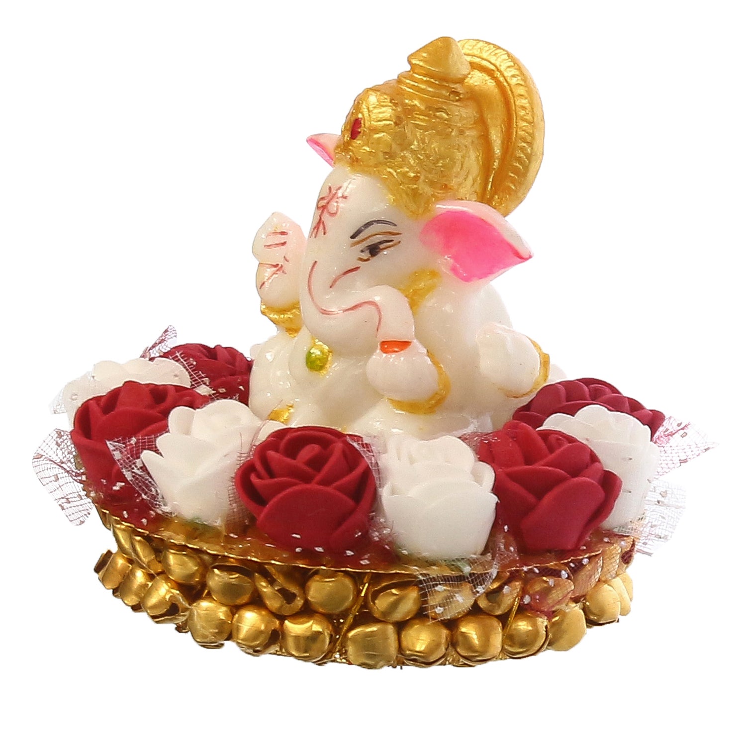 Golden and White Polyresin Lord Ganesha Idol on Decorative Handcrafted Plate with Red and White Flowers Kafalo