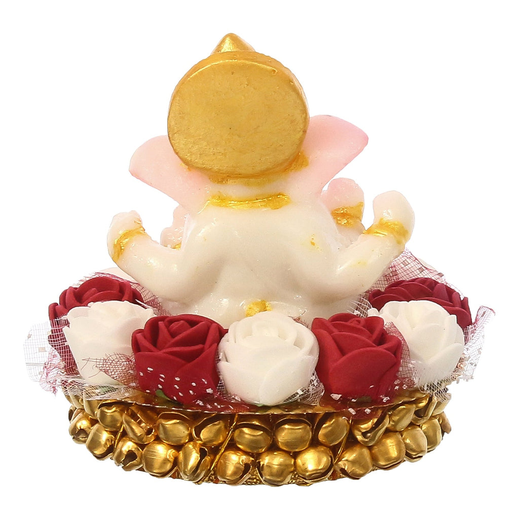 Golden and White Polyresin Lord Ganesha Idol on Decorative Handcrafted Plate with Red and White Flowers Kafalo