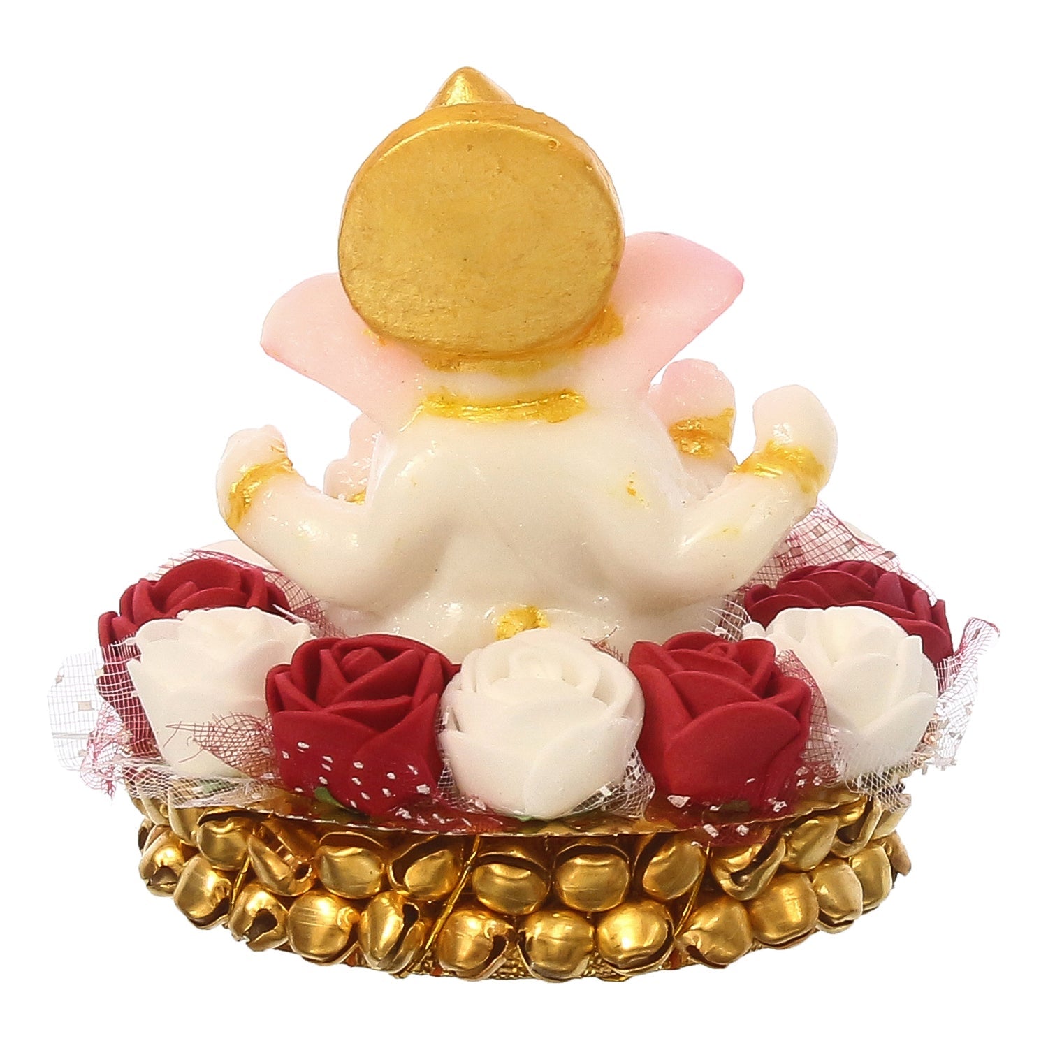 Golden and White Polyresin Lord Ganesha Idol on Decorative Handcrafted Plate with Red and White Flowers Kafalo