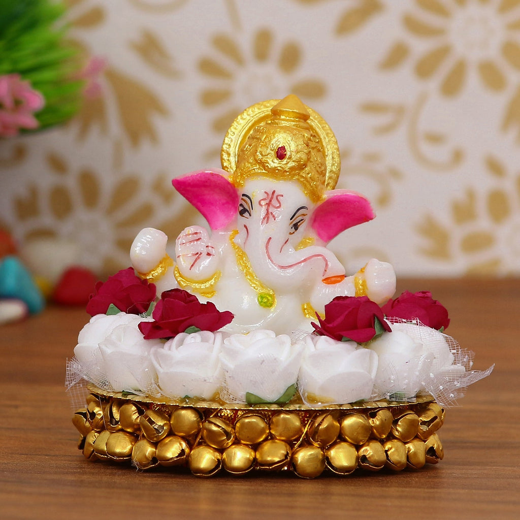 Lord Ganesha Idol on Decorative Handcrafted Plate with White Flowers Kafalo