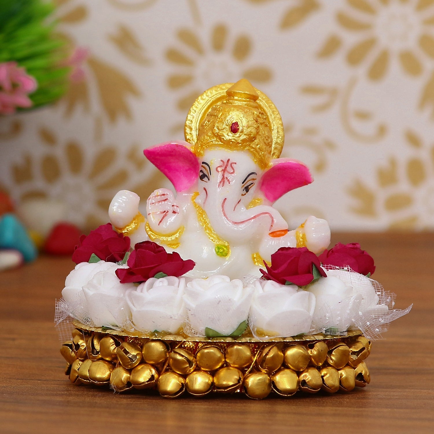 Lord Ganesha Idol on Decorative Handcrafted Plate with White Flowers Kafalo