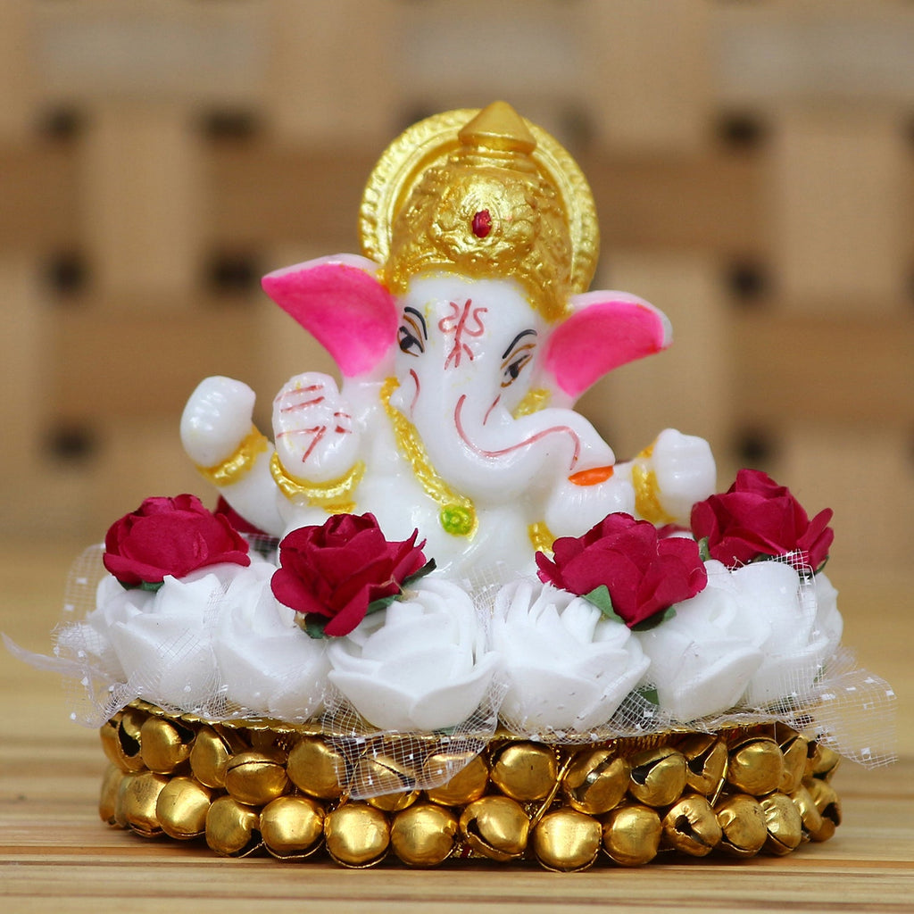 Lord Ganesha Idol on Decorative Handcrafted Plate with White Flowers Kafalo