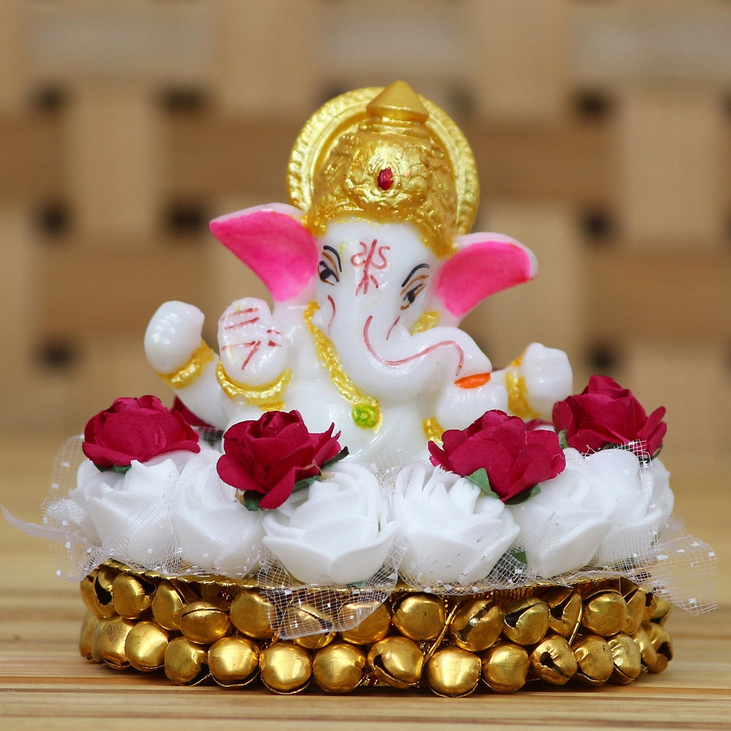 Lord Ganesha Idol on Decorative Handcrafted Plate with White Flowers Kafalo