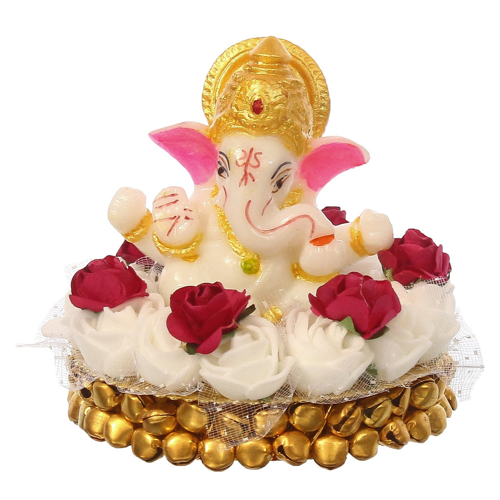 Lord Ganesha Idol on Decorative Handcrafted Plate with White Flowers Kafalo