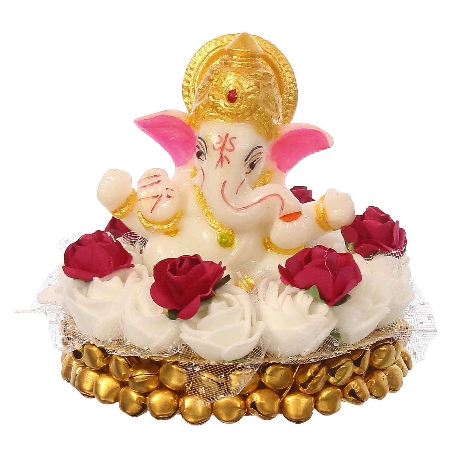 Lord Ganesha Idol on Decorative Handcrafted Plate with White Flowers Kafalo