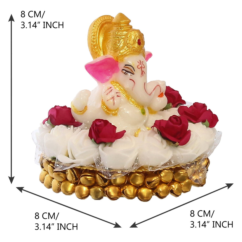 Lord Ganesha Idol on Decorative Handcrafted Plate with White Flowers Kafalo