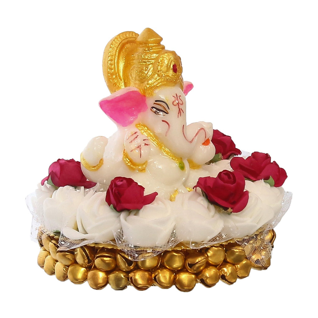 Lord Ganesha Idol on Decorative Handcrafted Plate with White Flowers Kafalo