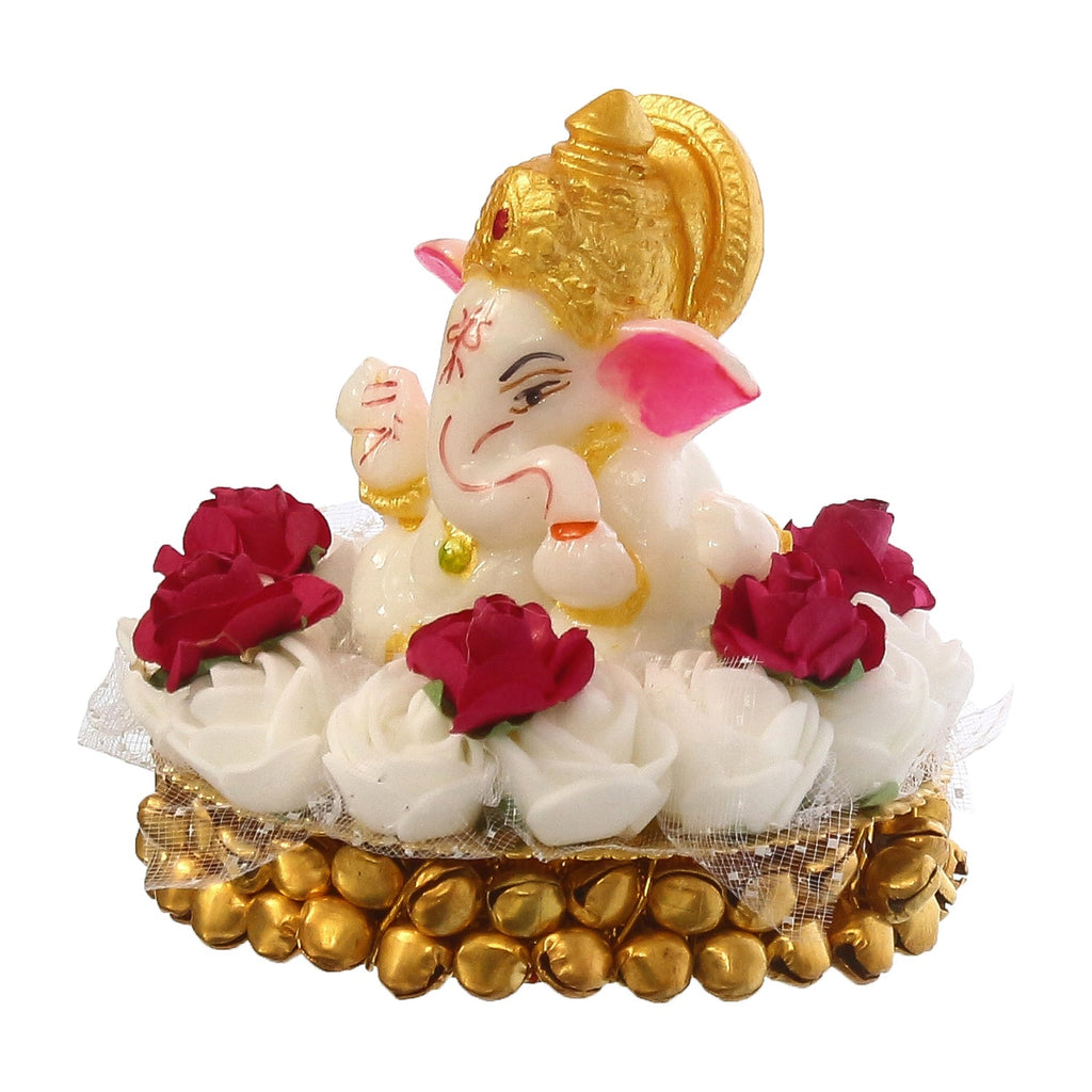Lord Ganesha Idol on Decorative Handcrafted Plate with White Flowers Kafalo