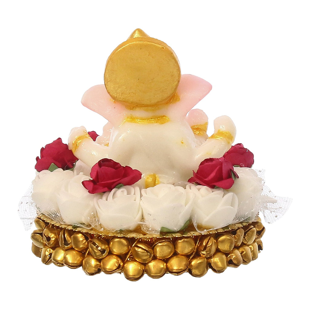 Lord Ganesha Idol on Decorative Handcrafted Plate with White Flowers Kafalo