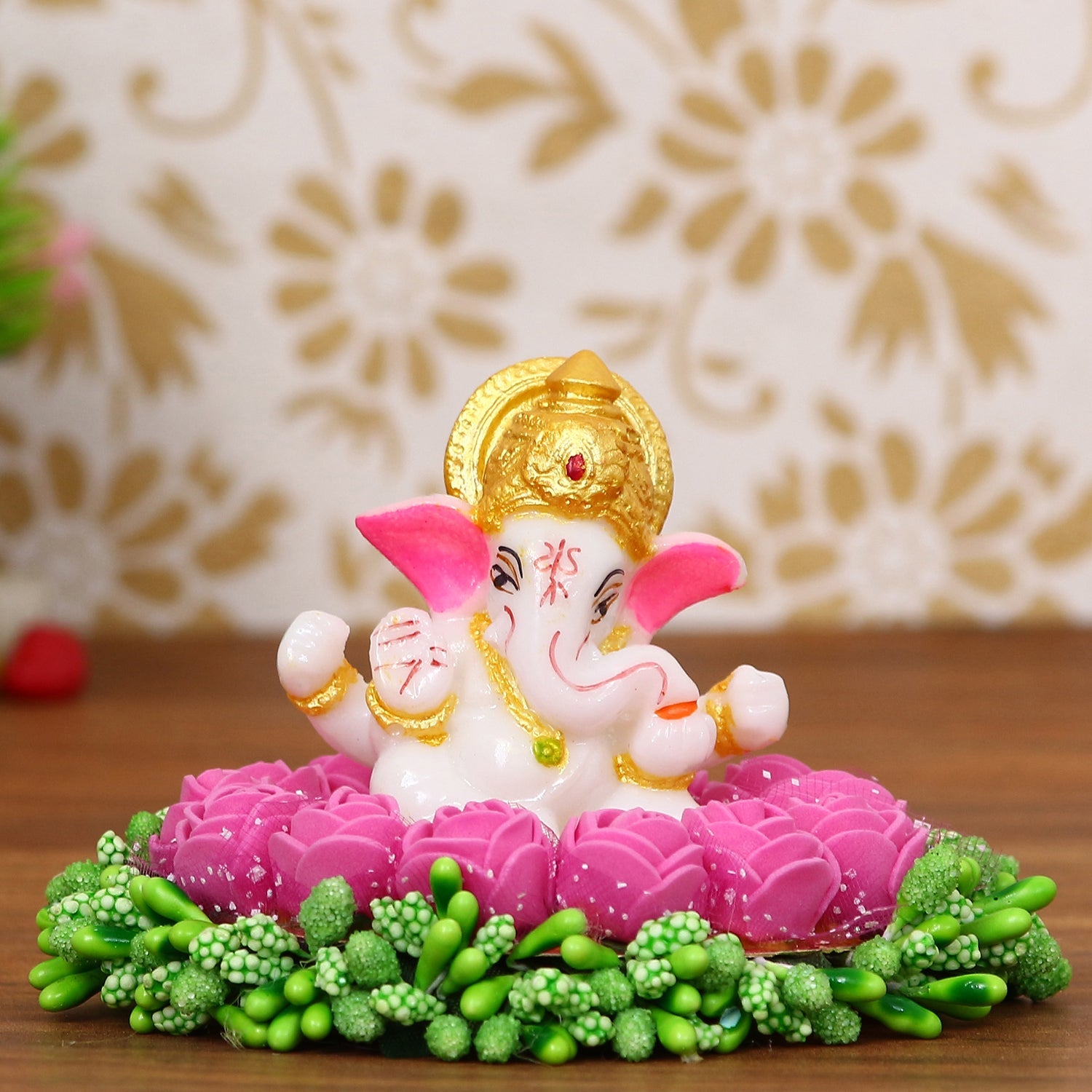 Lord Ganesha Idol On Decorative Handcrafted Pink Flowers Plate Kafalo