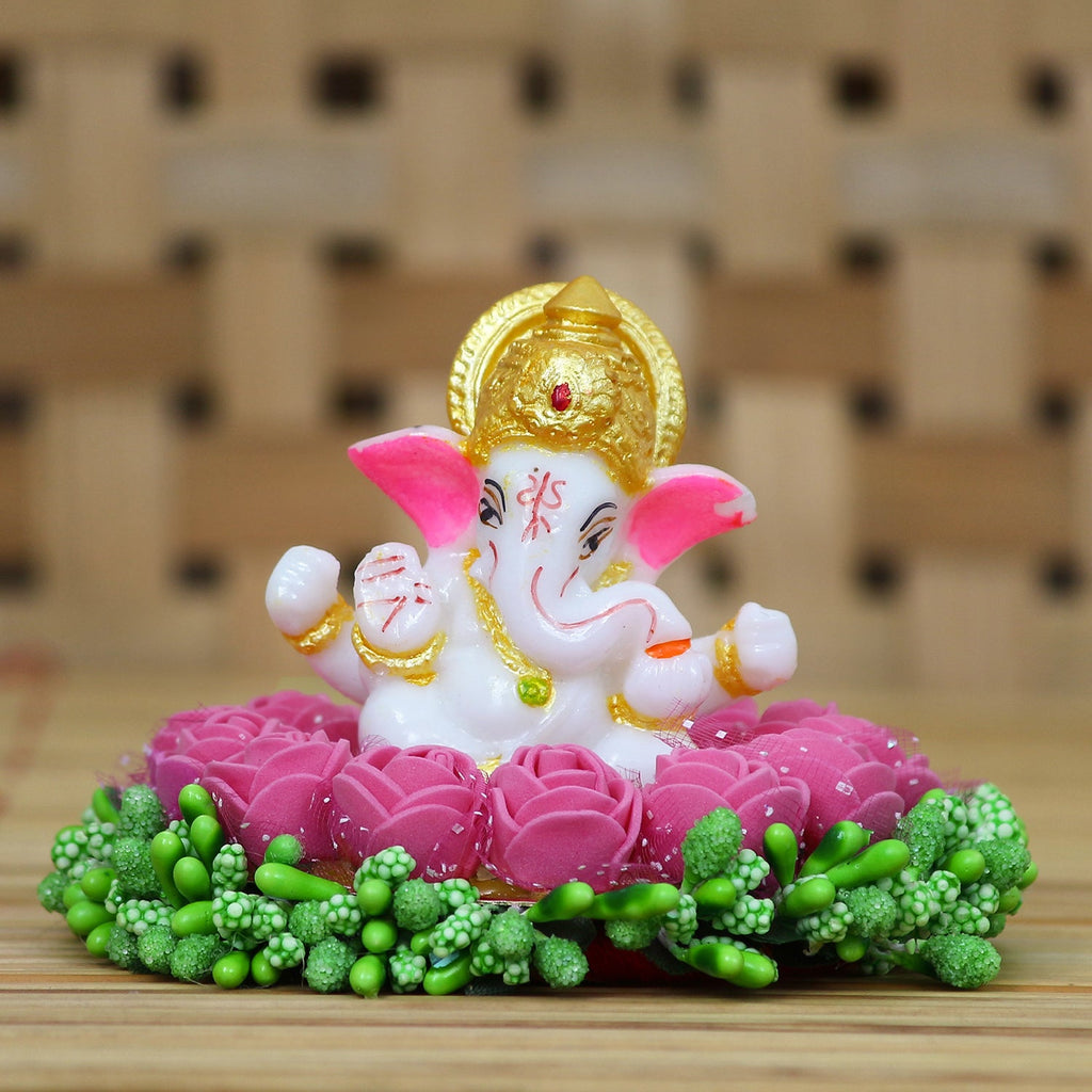 Lord Ganesha Idol On Decorative Handcrafted Pink Flowers Plate Kafalo