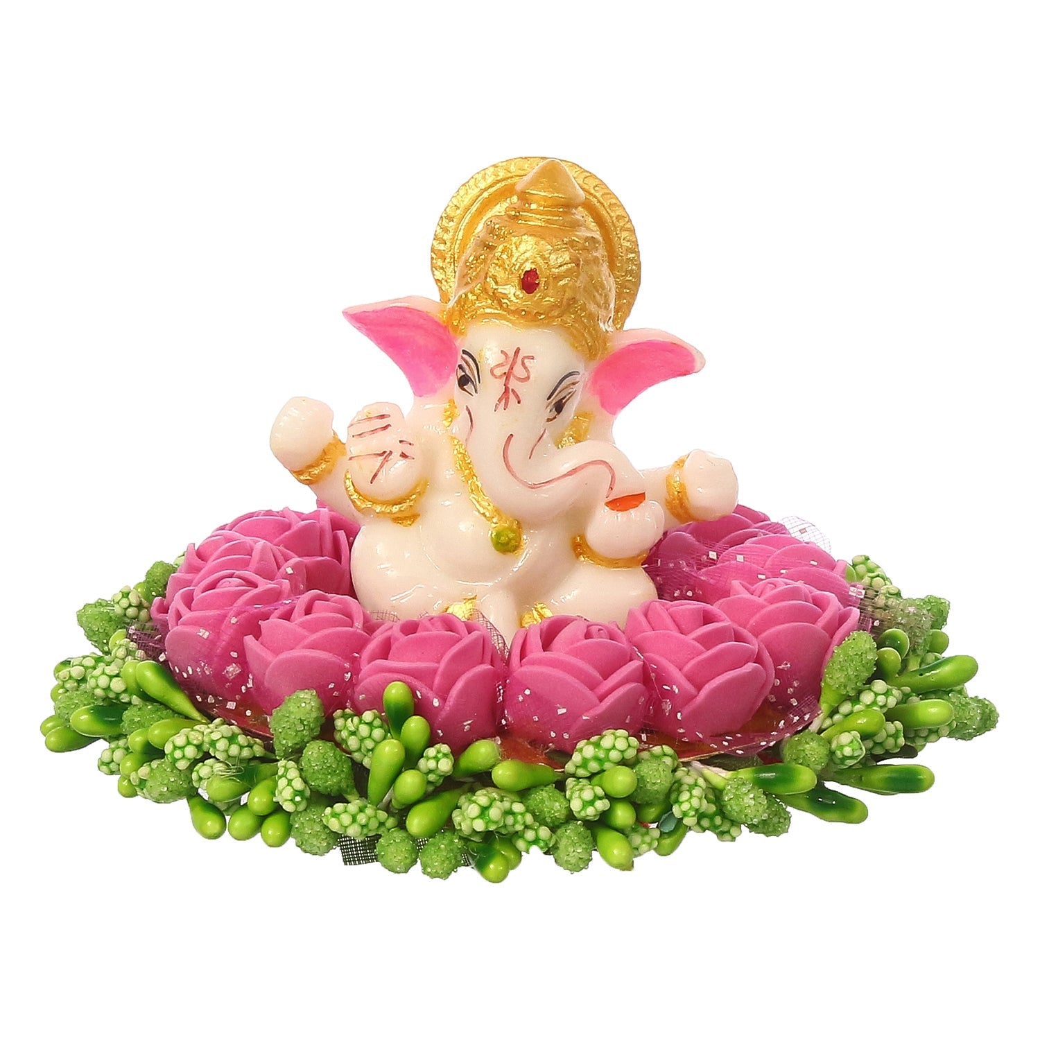 Lord Ganesha Idol On Decorative Handcrafted Pink Flowers Plate Kafalo